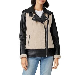 Slate & Willow Aviator Jacket Faux Sherpa Leather Trim Moto Beige Black Medium
